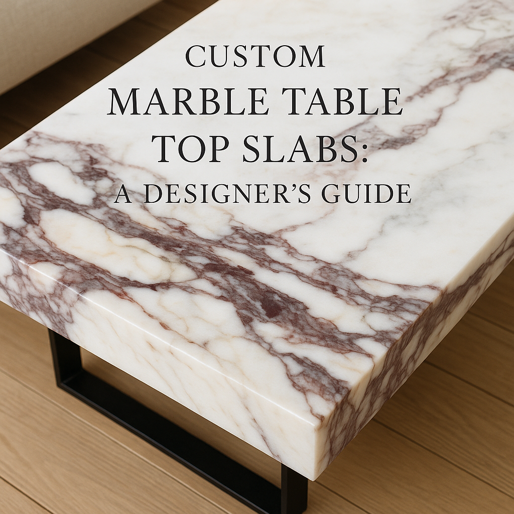 Close-up of a Calacatta marble table top slab with rich veining — luxury interior photography.