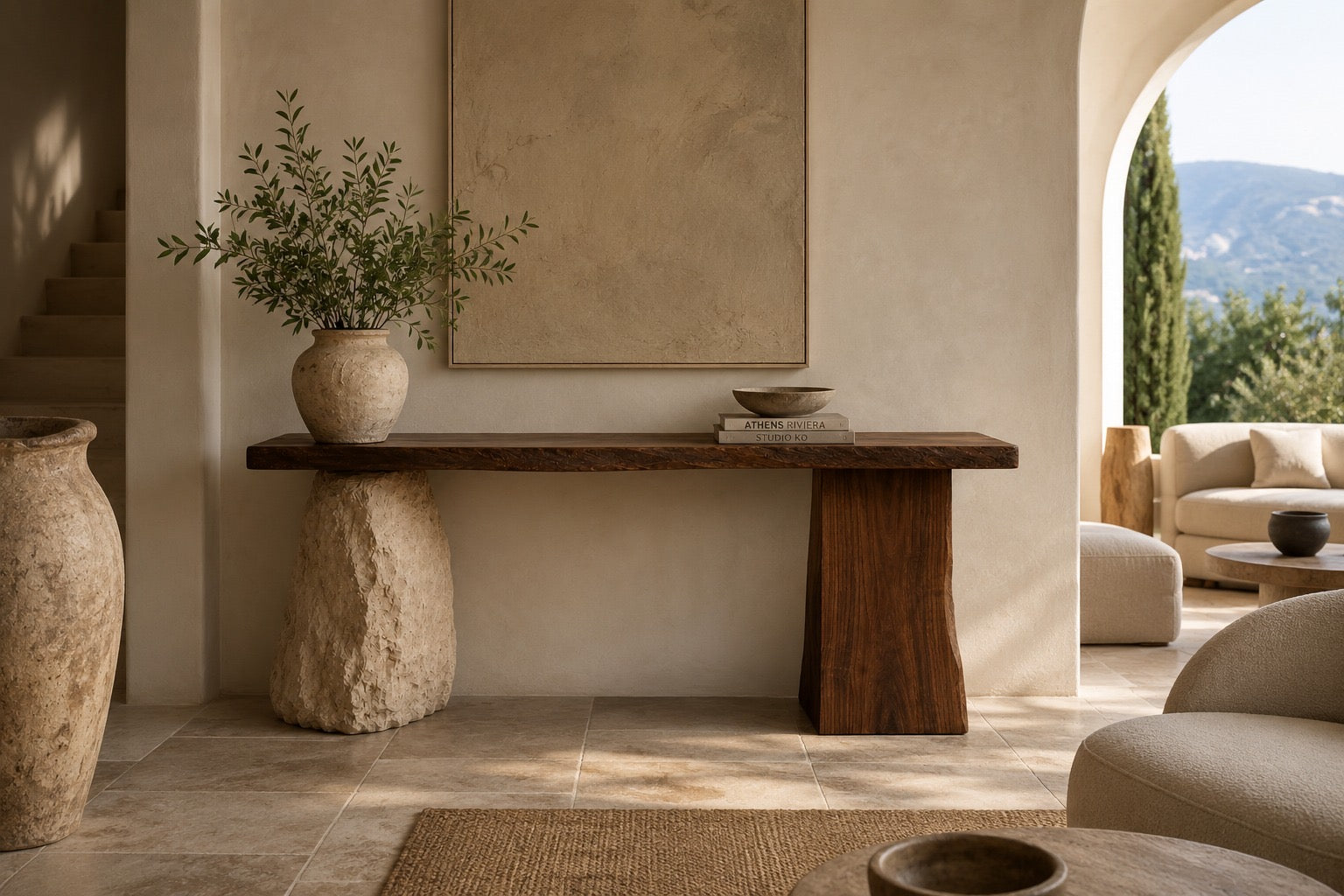 Lume Split-Face Travertine & Solid Rustic Wood Console Table