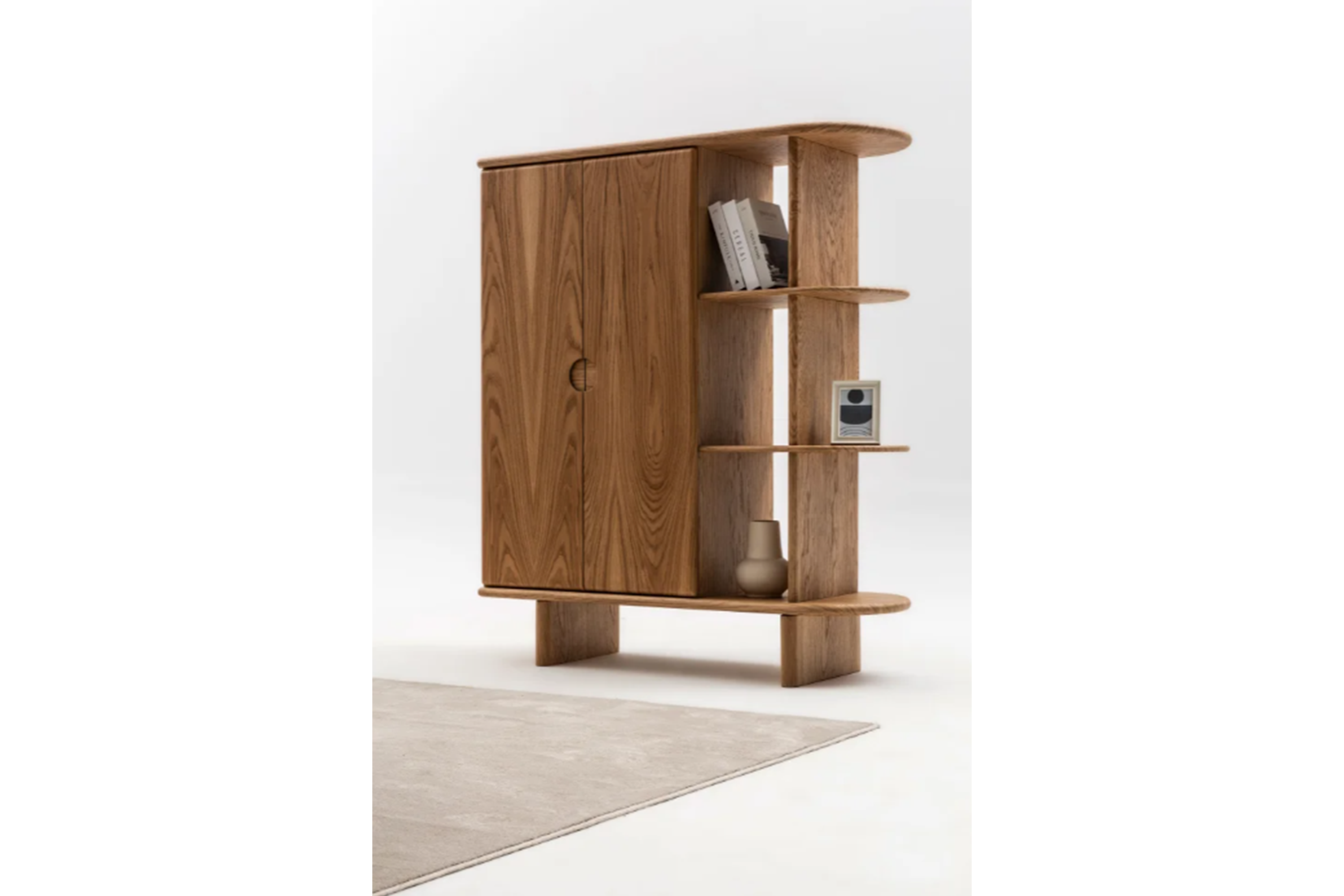 Oak Veneer Wood Vitrine Cabinet