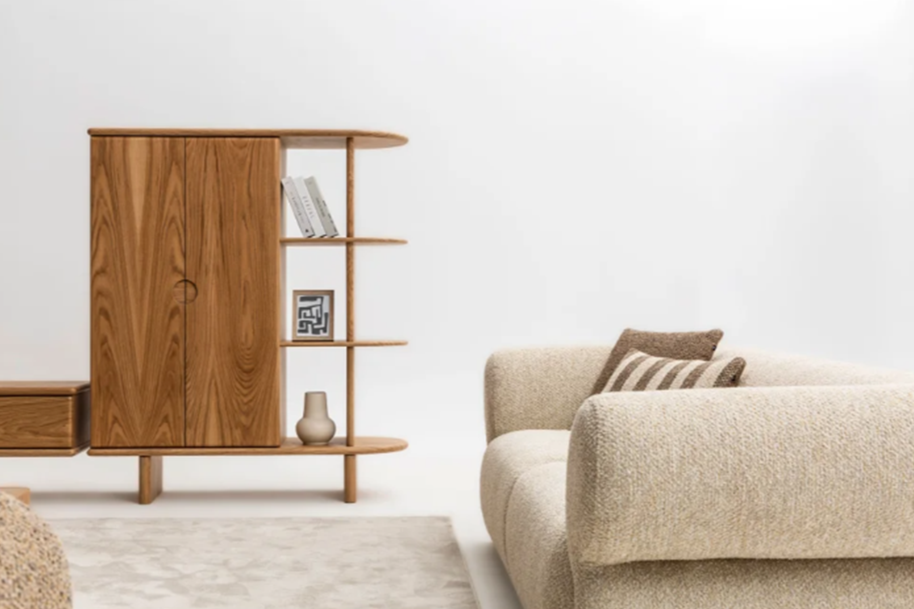 Oak Veneer Wood Vitrine Cabinet