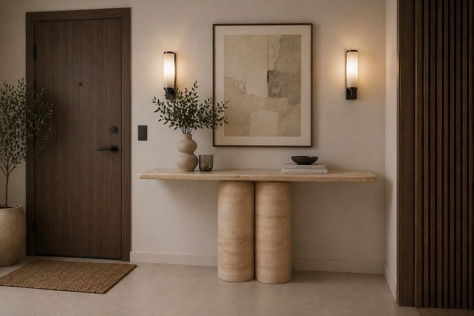 Bullet Leg Travertine Console Table