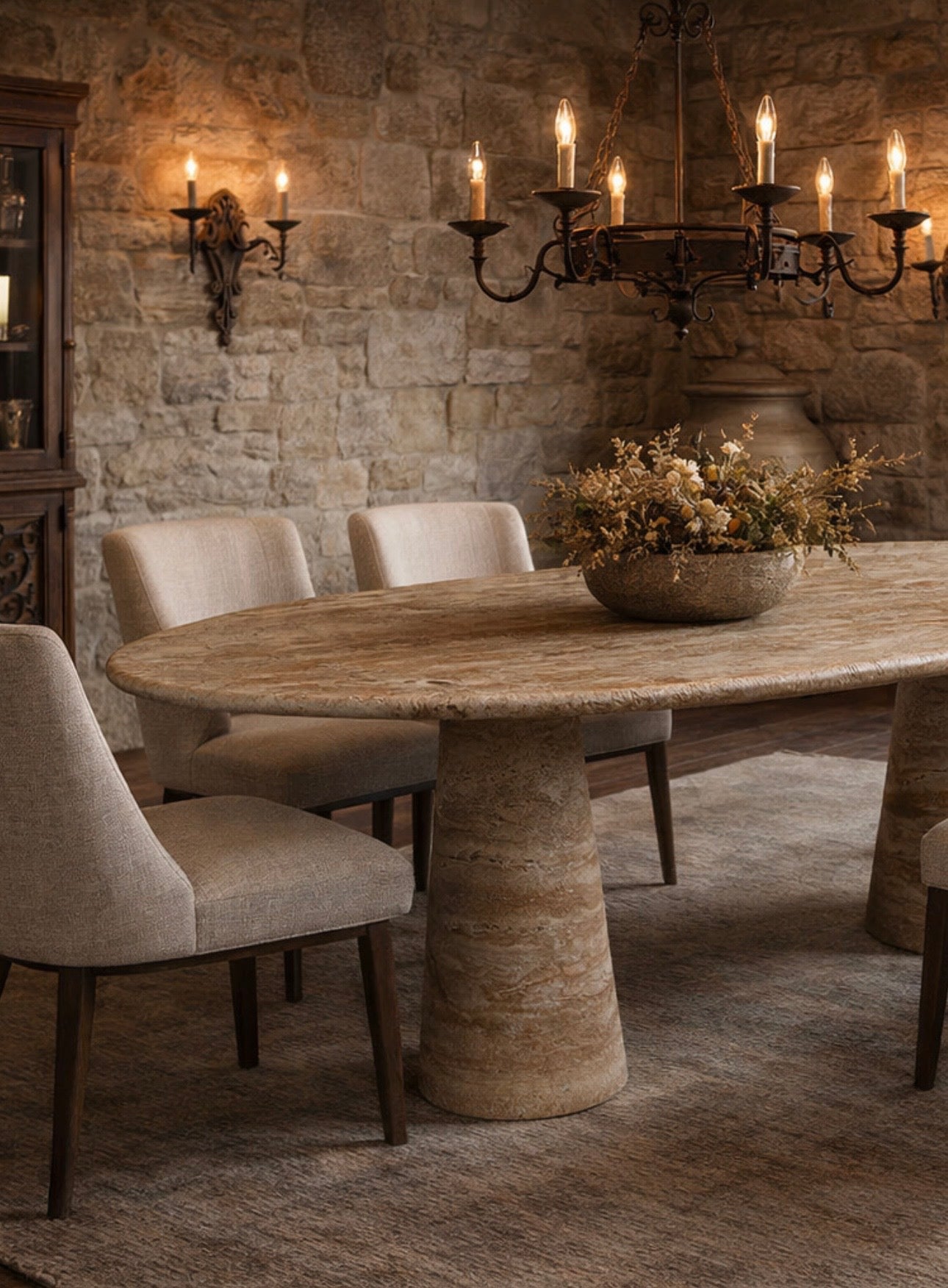 Élégance de Pierre Noche Travertine Oval Dining Table