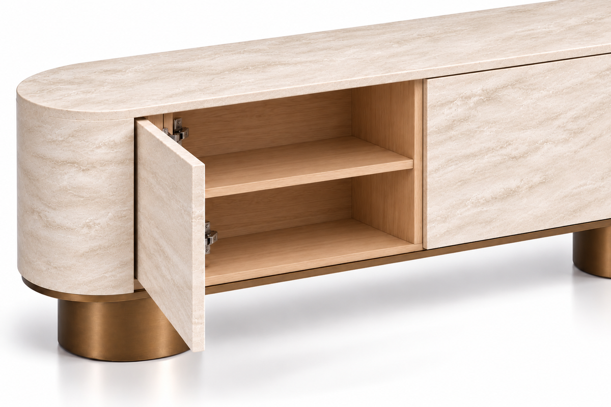 travertine sideboard. beige travertine sideboard. natural stone sideboard. modern travertine sideboard. travertine buffet cabinet. travertine dining room sideboard. travertine living room cabinet. rounded travertine sideboard. travertine sideboard with cylindrical legs. sculptural travertine sideboard. custom travertine sideboard. custom stone cabinet. travertine sideboard for sale. Onda beige travertine sideboard with rounded ends and cylindrical travertine legs.