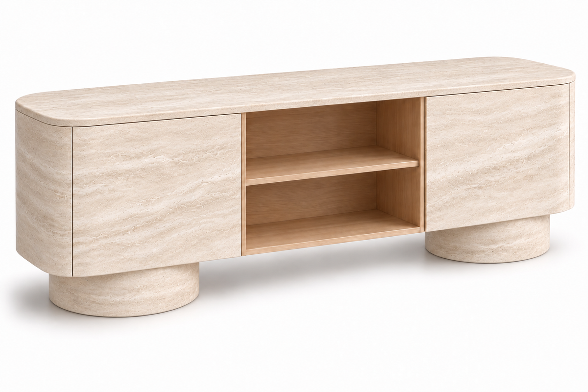 travertine sideboard. beige travertine sideboard. natural stone sideboard. modern travertine sideboard. travertine buffet cabinet. travertine dining room sideboard. travertine living room cabinet. rounded travertine sideboard. travertine sideboard with cylindrical legs. sculptural travertine sideboard. custom travertine sideboard. custom stone cabinet. travertine sideboard for sale. Onda beige travertine sideboard with rounded ends and cylindrical travertine legs.