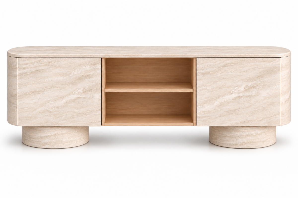 travertine sideboard. beige travertine sideboard. natural stone sideboard. modern travertine sideboard. travertine buffet cabinet. travertine dining room sideboard. travertine living room cabinet. rounded travertine sideboard. travertine sideboard with cylindrical legs. sculptural travertine sideboard. custom travertine sideboard. custom stone cabinet. travertine sideboard for sale. Onda beige travertine sideboard with rounded ends and cylindrical travertine legs.