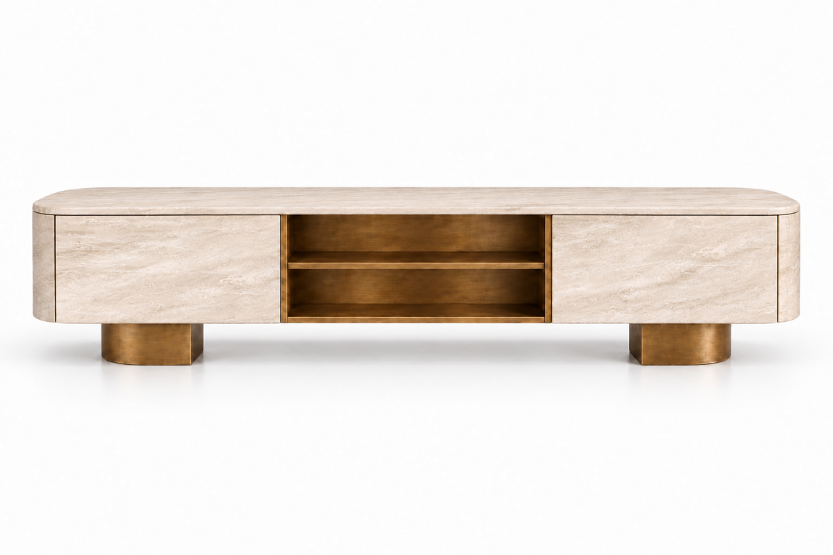travertine media console. travertine TV stand. travertine TV console. travertine media cabinet. travertine entertainment console. natural stone media console. beige travertine media console. travertine console with drawers. low profile travertine TV stand. modern travertine media console. rounded travertine media console. travertine living room furniture. custom travertine media console. custom stone TV console. travertine media console for sale