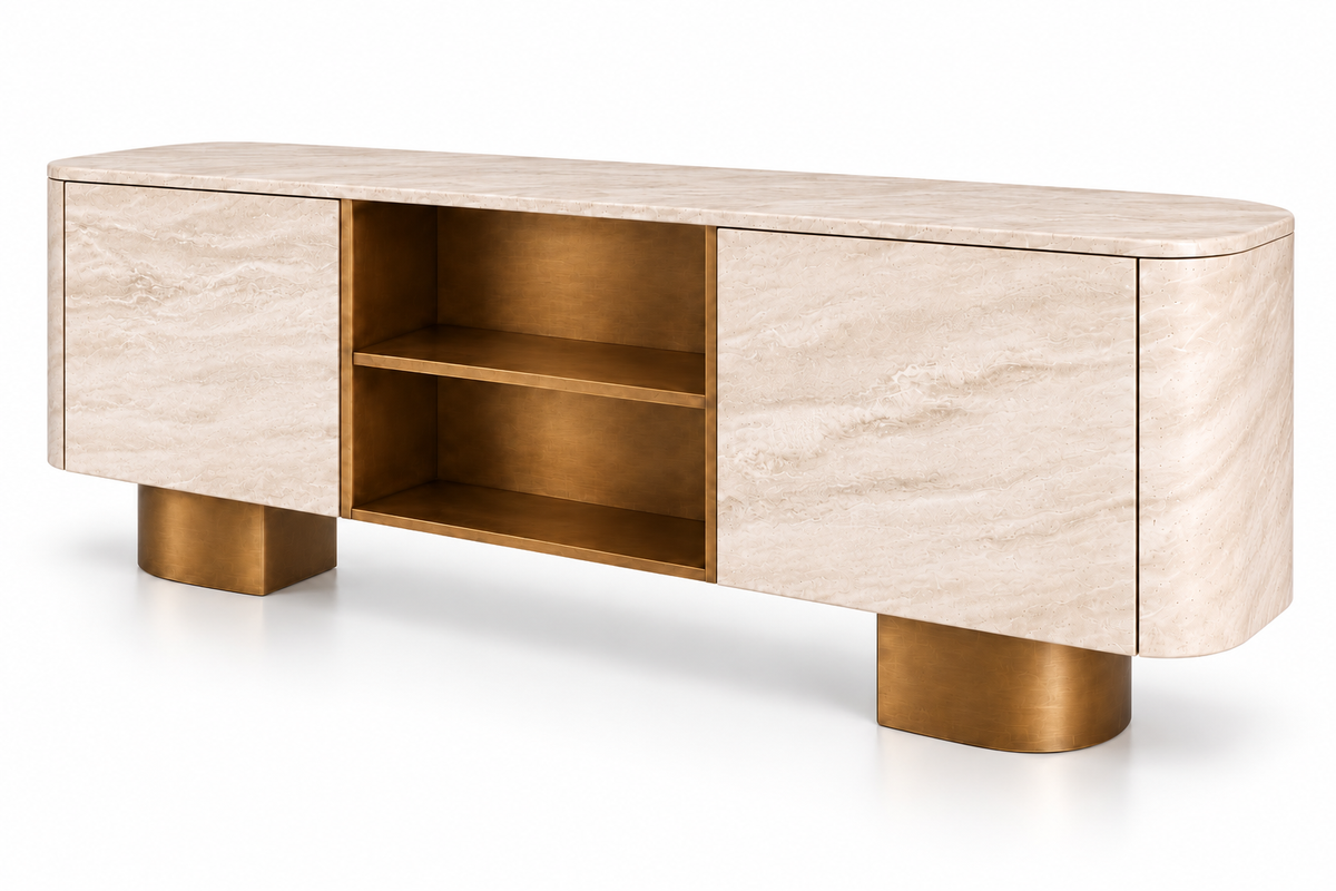 travertine sideboard. beige travertine sideboard. natural stone sideboard. modern travertine sideboard. travertine buffet cabinet. travertine dining room sideboard. travertine living room cabinet. rounded travertine sideboard. travertine sideboard with cylindrical legs. sculptural travertine sideboard. custom travertine sideboard. custom stone cabinet. travertine sideboard for sale. Onda beige travertine sideboard with rounded ends and cylindrical travertine legs.
