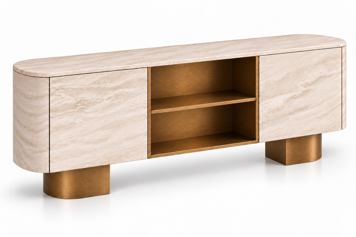 travertine sideboard. beige travertine sideboard. natural stone sideboard. modern travertine sideboard. travertine buffet cabinet. travertine dining room sideboard. travertine living room cabinet. rounded travertine sideboard. travertine sideboard with cylindrical legs. sculptural travertine sideboard. custom travertine sideboard. custom stone cabinet. travertine sideboard for sale. Onda beige travertine sideboard with rounded ends and cylindrical travertine legs.