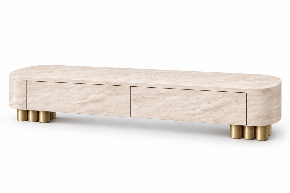 travertine media console. travertine TV stand. travertine TV console. travertine media cabinet. travertine entertainment console. natural stone media console. beige travertine media console. travertine console with drawers. low profile travertine TV stand. modern travertine media console. rounded travertine media console. travertine living room furniture. custom travertine media console. custom stone TV console. travertine media console for sale