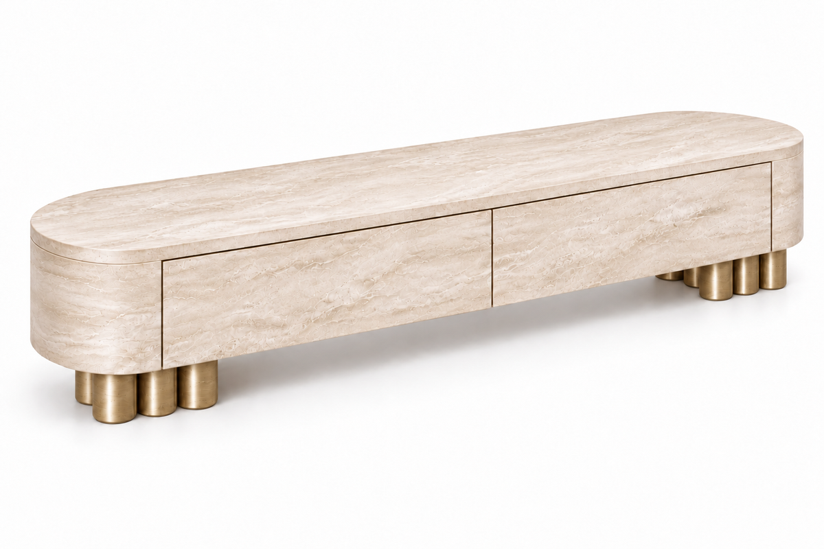 travertine media console. travertine TV stand. travertine TV console. travertine media cabinet. travertine entertainment console. natural stone media console. beige travertine media console. travertine console with drawers. low profile travertine TV stand. modern travertine media console. rounded travertine media console. travertine living room furniture. custom travertine media console. custom stone TV console. travertine media console for sale