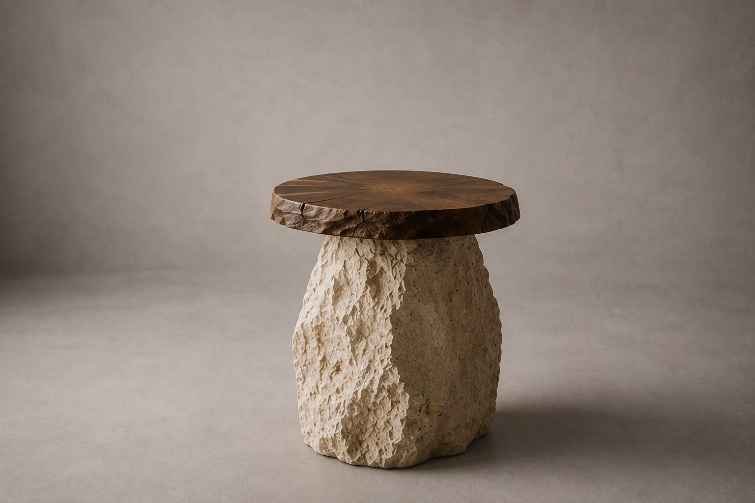 Ruvi Solid Walnut Split-Face Travertine Side Table