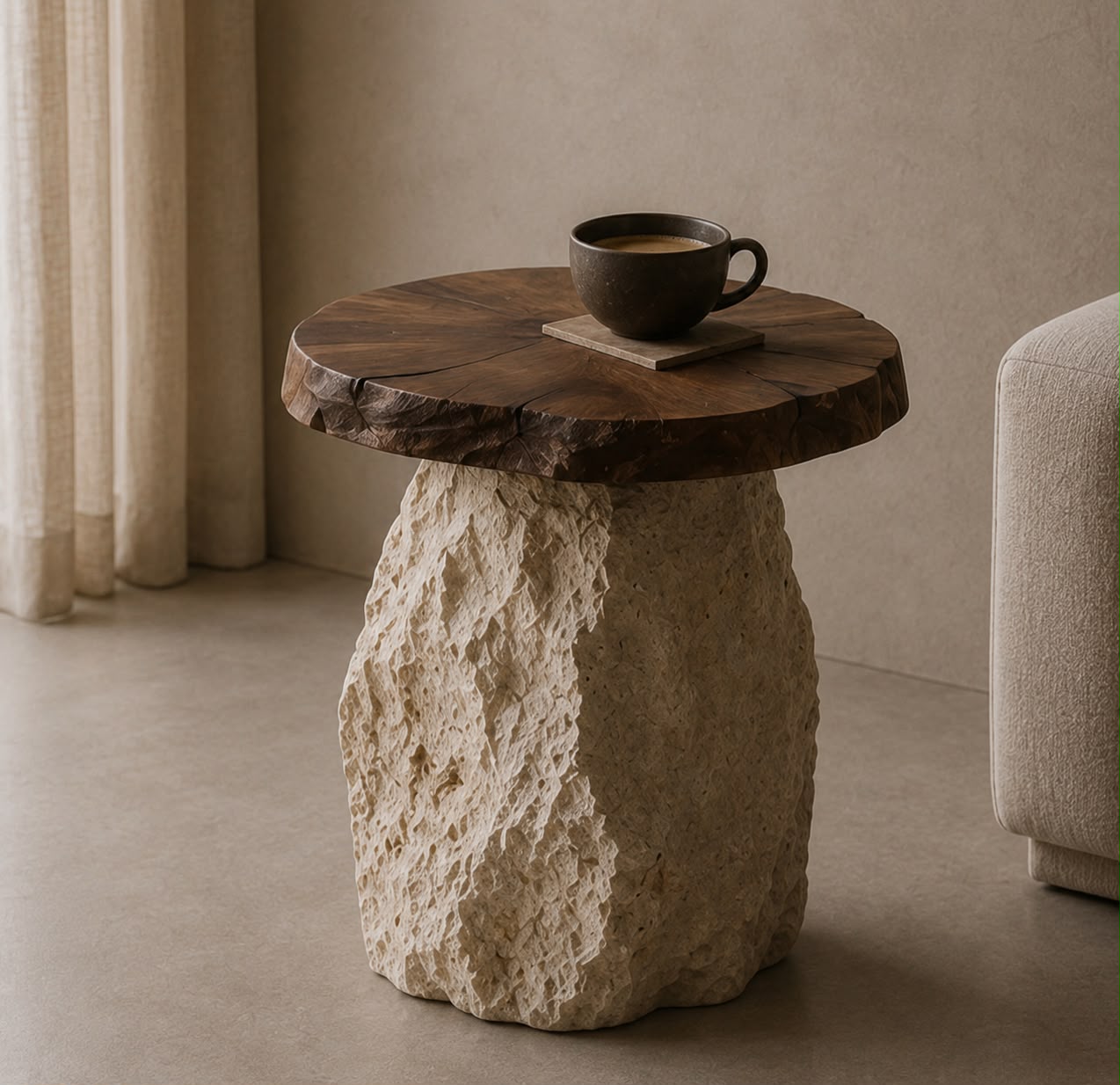 Ruvi Solid Walnut Split-Face Travertine Side Table