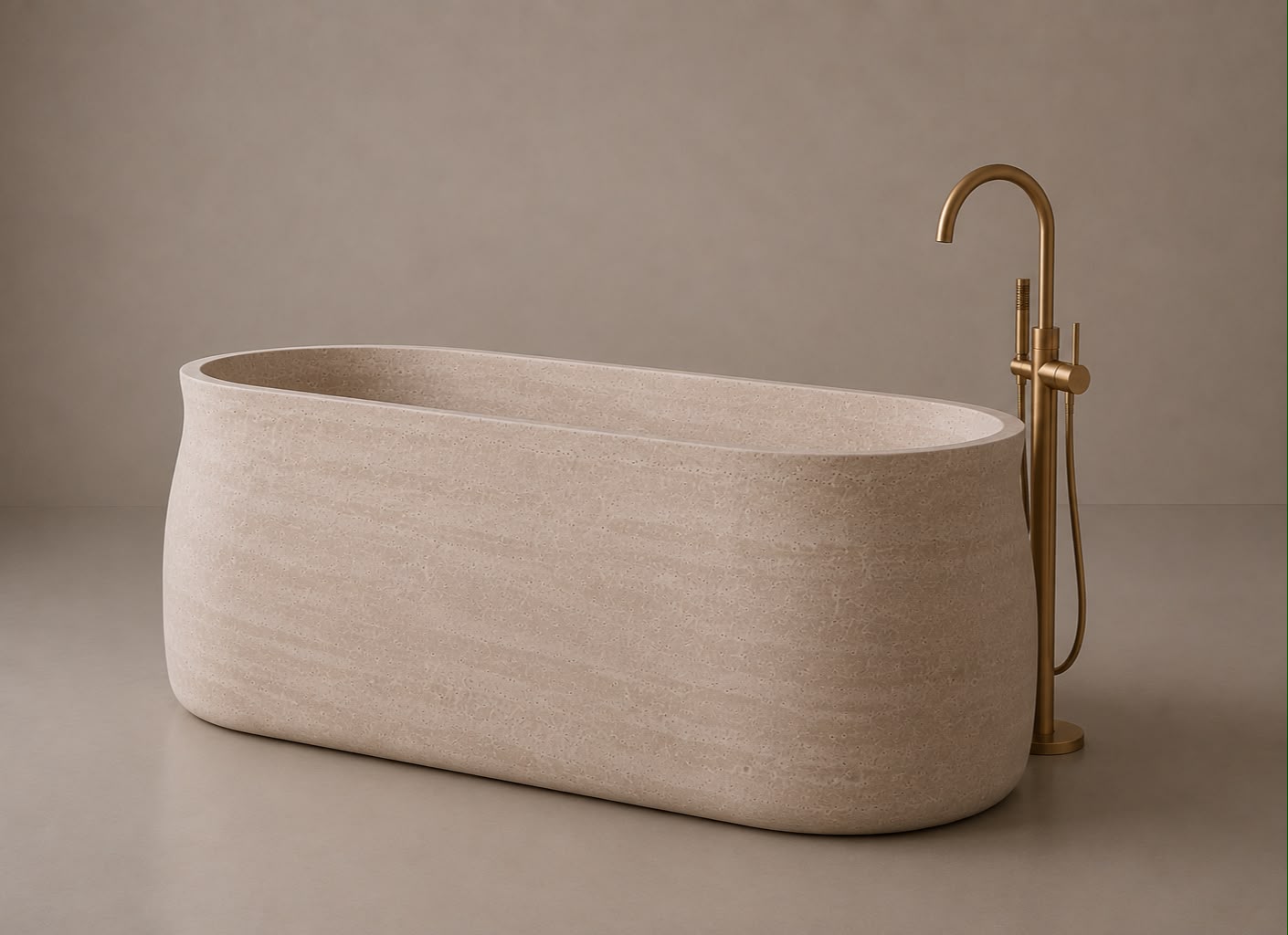 freestanding travertine bathtub in honed natural stone with sculptural oval silhouette. Freestanding travertine bathtub in warm beige natural stone. Custom travertine bathtub handcrafted from natural stone. Luxury natural stone bathtub with minimalist oval form. Handcrafted travertine bathtub for luxury bathroom design. Bespoke freestanding travertine bathtub for interior design projects. Natural stone freestanding bathtub in premium travertine finish. Custom luxury travertine bathtub for high end interior