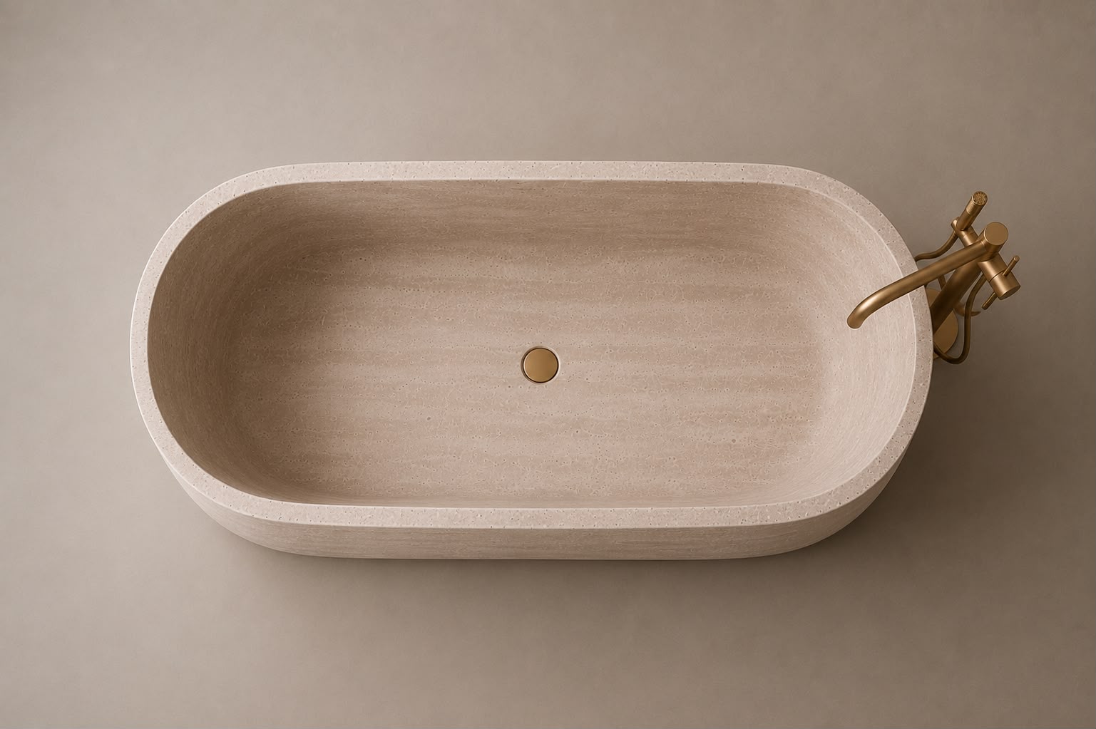 freestanding travertine bathtub in honed natural stone with sculptural oval silhouette. Freestanding travertine bathtub in warm beige natural stone. Custom travertine bathtub handcrafted from natural stone. Luxury natural stone bathtub with minimalist oval form. Handcrafted travertine bathtub for luxury bathroom design. Bespoke freestanding travertine bathtub for interior design projects. Natural stone freestanding bathtub in premium travertine finish. Custom luxury travertine bathtub for high end interior