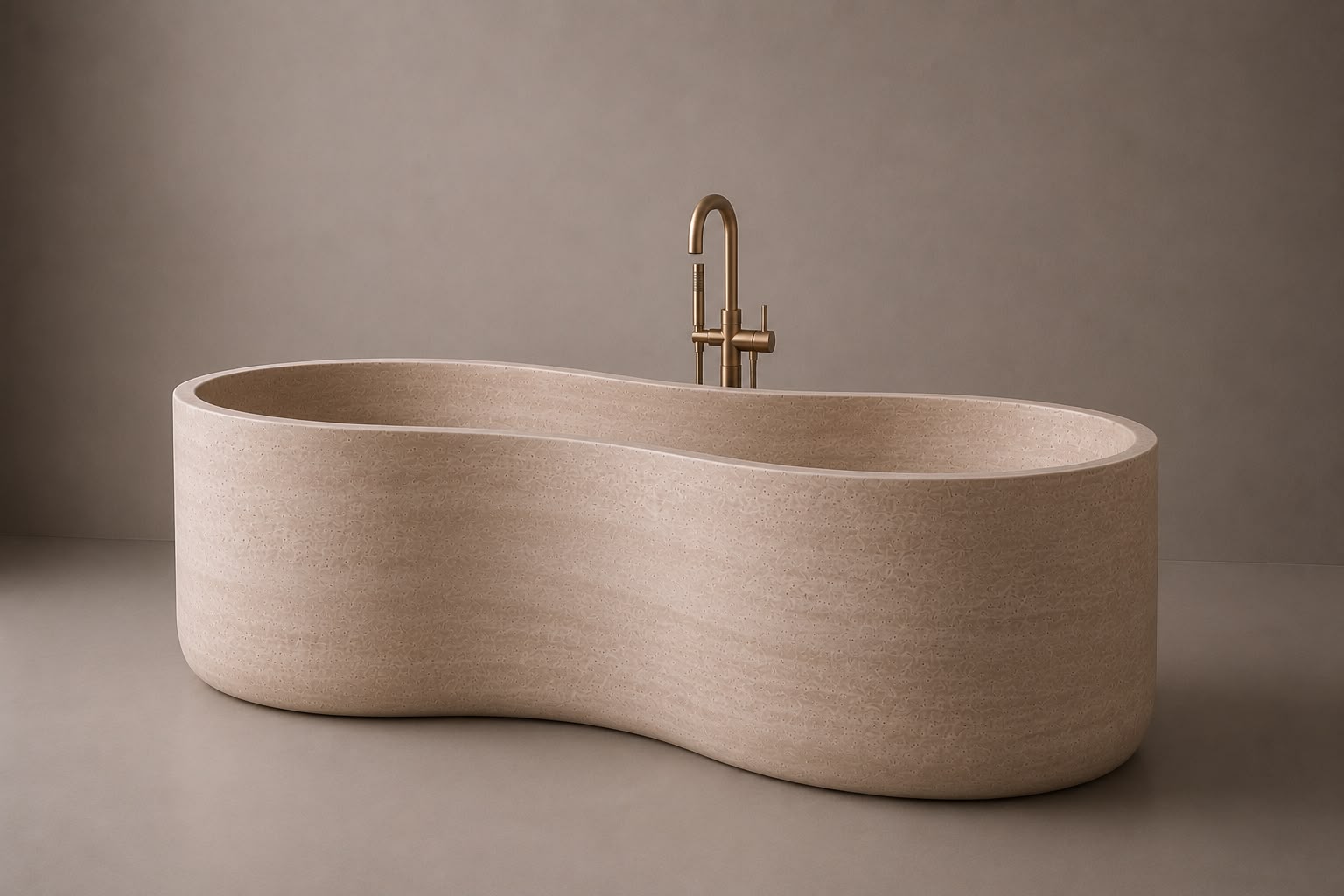 freestanding travertine bathtub in honed natural stone with sculptural oval silhouette. Freestanding travertine bathtub in warm beige natural stone. Custom travertine bathtub handcrafted from natural stone. Luxury natural stone bathtub with minimalist oval form. Handcrafted travertine bathtub for luxury bathroom design. Bespoke freestanding travertine bathtub for interior design projects. Natural stone freestanding bathtub in premium travertine finish. Custom luxury travertine bathtub for high end interior