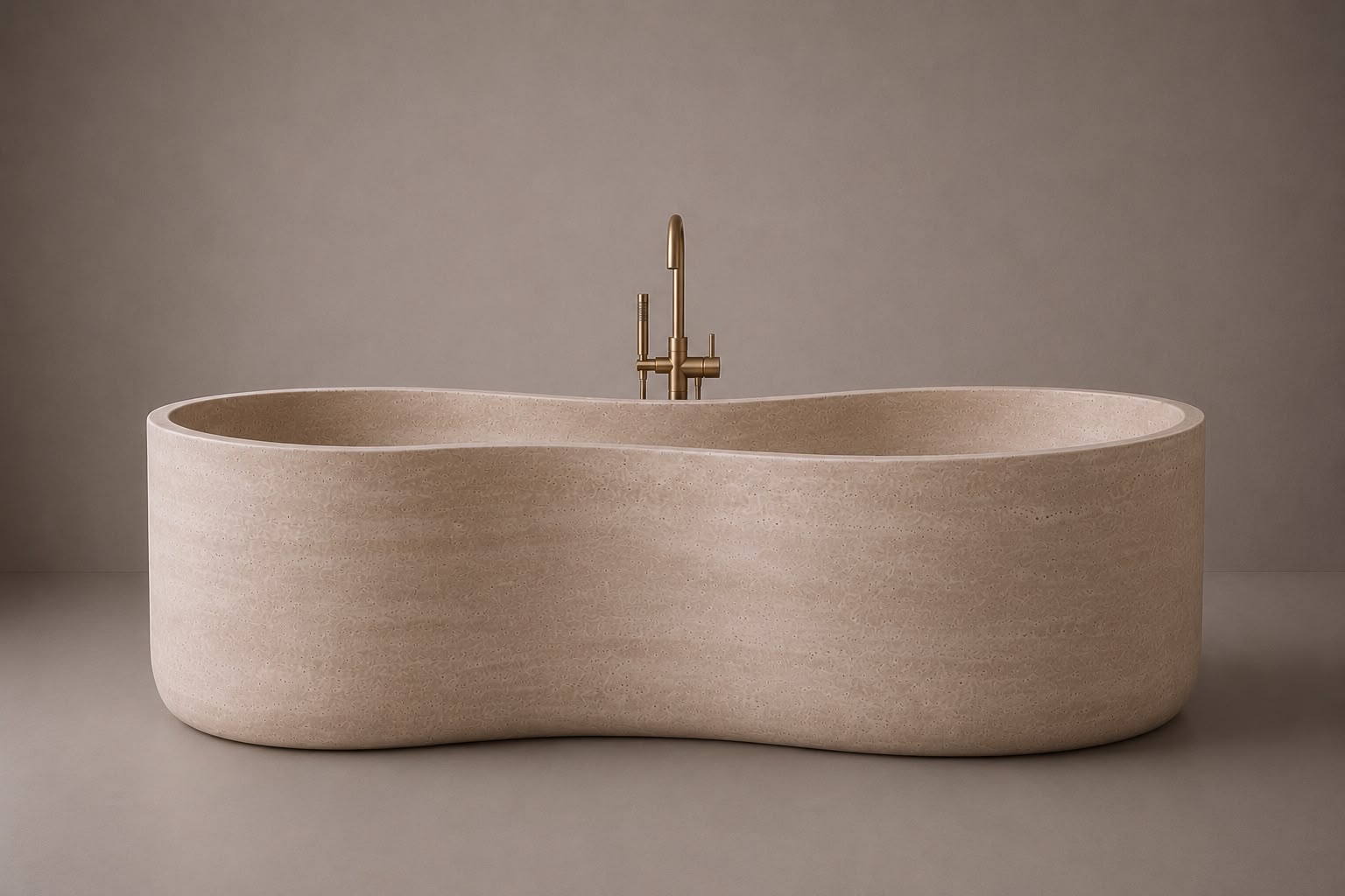 freestanding travertine bathtub in honed natural stone with sculptural oval silhouette. Freestanding travertine bathtub in warm beige natural stone. Custom travertine bathtub handcrafted from natural stone. Luxury natural stone bathtub with minimalist oval form. Handcrafted travertine bathtub for luxury bathroom design. Bespoke freestanding travertine bathtub for interior design projects. Natural stone freestanding bathtub in premium travertine finish. Custom luxury travertine bathtub for high end interior