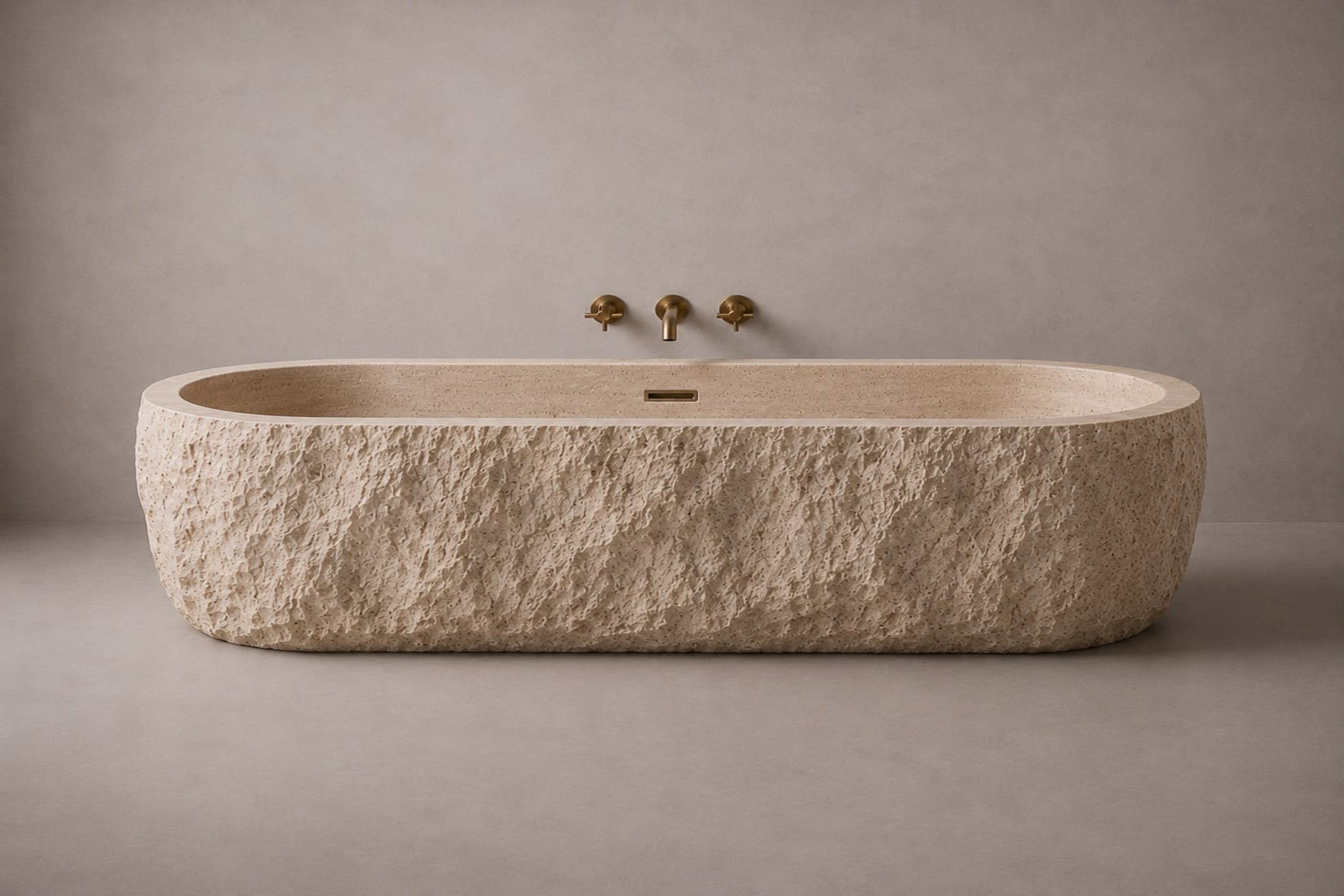 freestanding travertine bathtub in honed natural stone with sculptural oval silhouette. Freestanding travertine bathtub in warm beige natural stone. Custom travertine bathtub handcrafted from natural stone. Luxury natural stone bathtub with minimalist oval form. Handcrafted travertine bathtub for luxury bathroom design. Bespoke freestanding travertine bathtub for interior design projects. Natural stone freestanding bathtub in premium travertine finish. Custom luxury travertine bathtub for high end interior