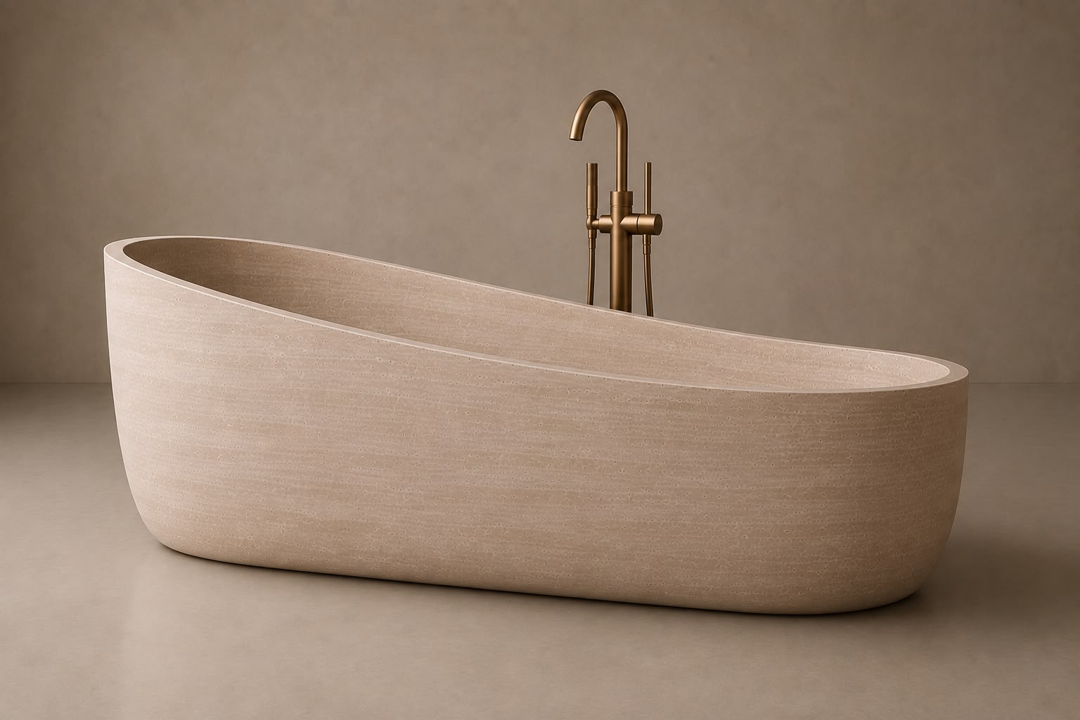 freestanding travertine bathtub in honed natural stone with sculptural oval silhouette. Freestanding travertine bathtub in warm beige natural stone. Custom travertine bathtub handcrafted from natural stone. Luxury natural stone bathtub with minimalist oval form. Handcrafted travertine bathtub for luxury bathroom design. Bespoke freestanding travertine bathtub for interior design projects. Natural stone freestanding bathtub in premium travertine finish. Custom luxury travertine bathtub for high end interior