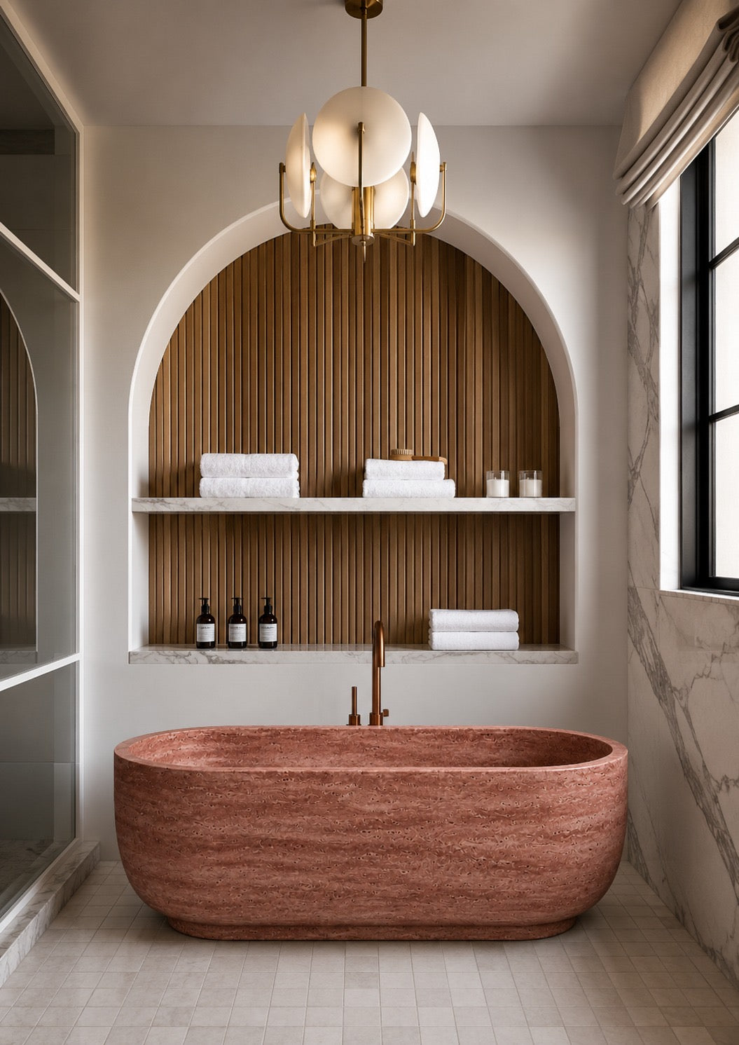 freestanding red travertine bathtub in honed natural stone with sculptural oval silhouette. Freestanding red travertine bathtub in warm beige natural stone. Custom red travertine bathtub handcrafted from natural stone. Luxury natural stone bathtub with minimalist oval form. Handcrafted red travertine bathtub for luxury bathroom design. Bespoke freestanding red travertine bathtub for interior design projects. Custom luxury red travertine bathtub for high end interior.