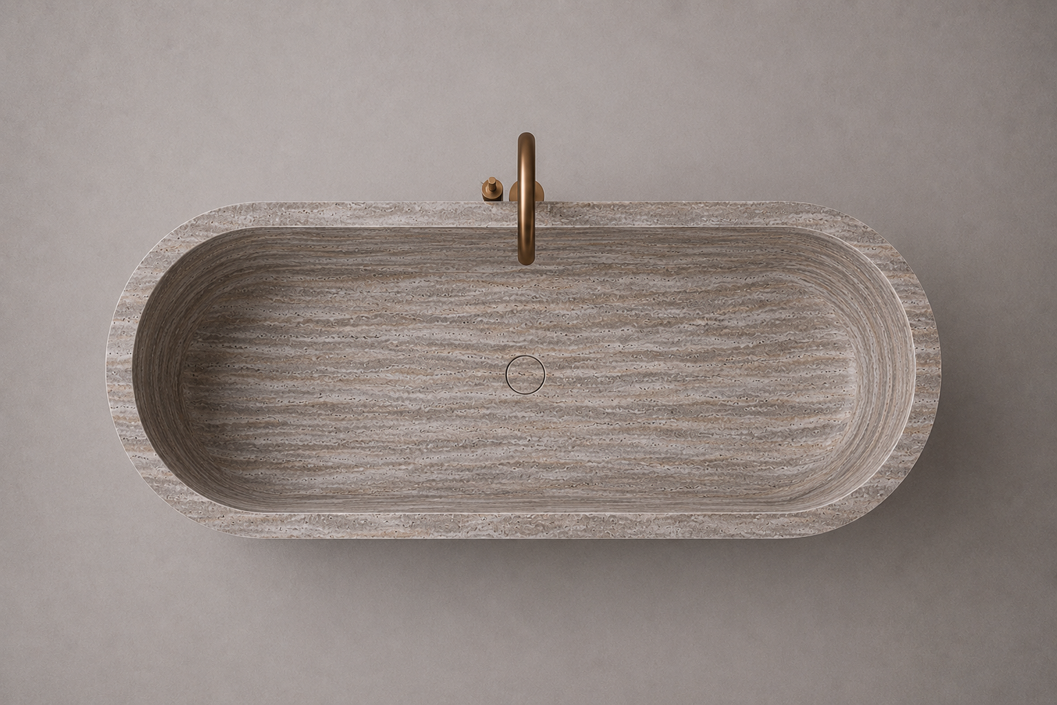 freestanding silver travertine bathtub in honed natural stone with sculptural oval silhouette. Freestanding silver travertine bathtub in warm beige natural stone. Custom silver travertine bathtub handcrafted from natural stone. Luxury natural stone bathtub with minimalist oval form. Handcrafted silver travertine bathtub for luxury bathroom design. Bespoke freestanding silver travertine bathtub for interior design projects. Custom luxury silver travertine bathtub for high end interior.