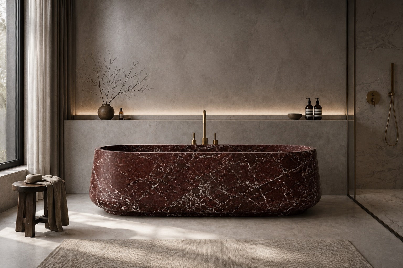 Freestanding marble bathtub with sculptural oval silhouette for luxury bathrooms. Custom marble bathtub in a refined freestanding design. Luxury freestanding marble bathtub handcrafted from natural stone. Bespoke marble bathtub with soft curved form for high end bathrooms. Custom freestanding marble bathtub for luxury interior design projects. Handcrafted marble bathtub with minimalist architectural silhouette
