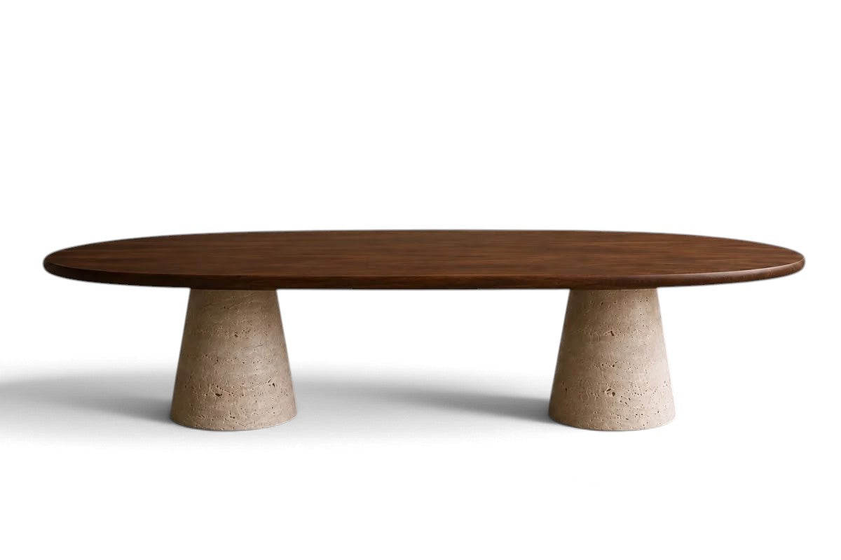 luxury wood oval dining table with walnut top and travertine base.walnut wood oval dining table with sculptural travertine legs. designer wood dining table with travertine supports. oval walnut dining table for luxury interiors. custom wood dining table with travertine legs. premium walnut dining table with natural stone base. architectural oval dining table in walnut wood and travertine. luxury walnut wood dining table for bespoke interiors. wood oval dining table with travertine pedestal supports.