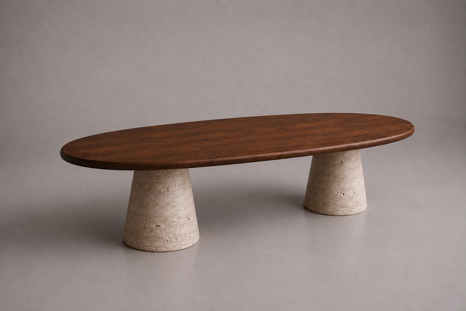 luxury wood oval dining table with walnut top and travertine base.walnut wood oval dining table with sculptural travertine legs. designer wood dining table with travertine supports. oval walnut dining table for luxury interiors. custom wood dining table with travertine legs. premium walnut dining table with natural stone base. architectural oval dining table in walnut wood and travertine. luxury walnut wood dining table for bespoke interiors. wood oval dining table with travertine pedestal supports.