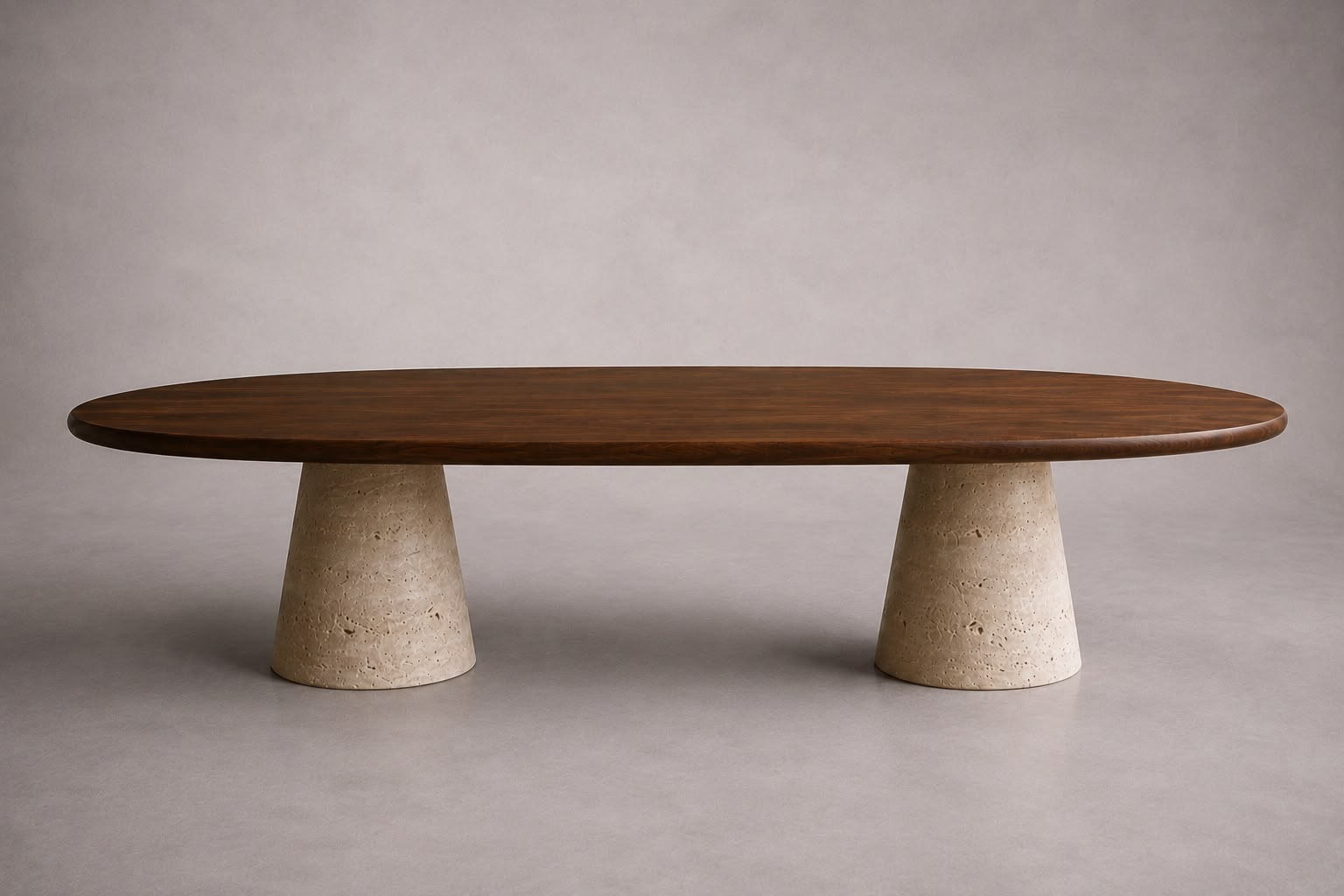 luxury wood oval dining table with walnut top and travertine base.walnut wood oval dining table with sculptural travertine legs. designer wood dining table with travertine supports. oval walnut dining table for luxury interiors. custom wood dining table with travertine legs. premium walnut dining table with natural stone base. architectural oval dining table in walnut wood and travertine. luxury walnut wood dining table for bespoke interiors. wood oval dining table with travertine pedestal supports.