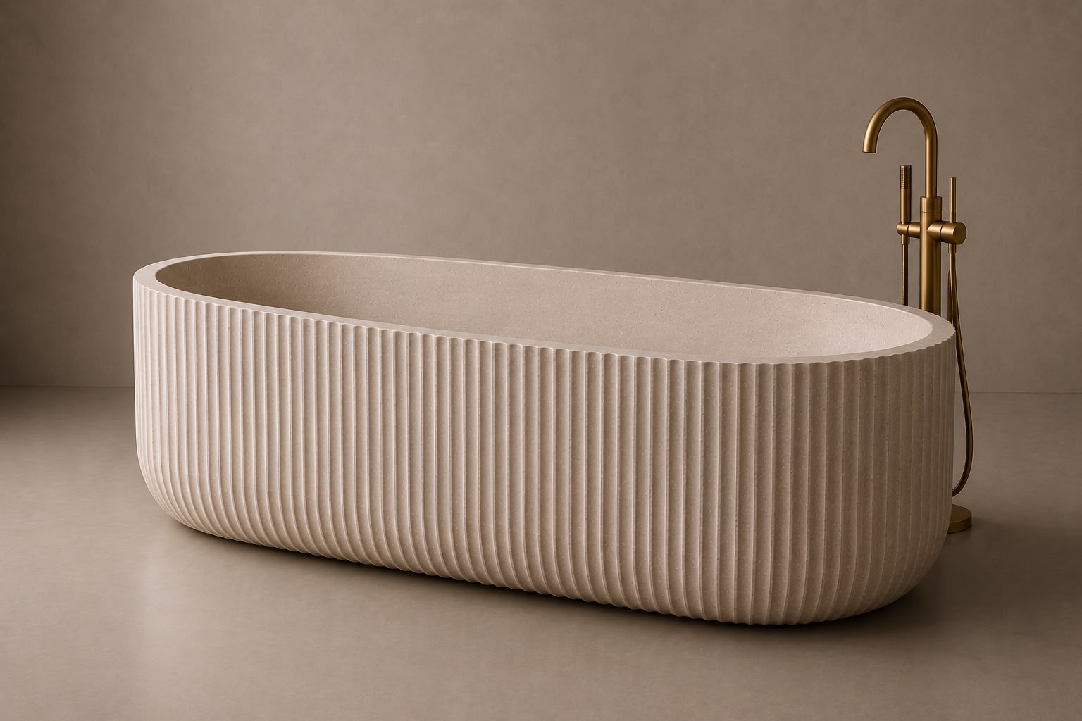 freestanding travertine bathtub in honed natural stone with sculptural oval silhouette. Freestanding travertine bathtub in warm beige natural stone. Custom travertine bathtub handcrafted from natural stone. Luxury natural stone bathtub with minimalist oval form. Handcrafted travertine bathtub for luxury bathroom design. Bespoke freestanding travertine bathtub for interior design projects. Natural stone freestanding bathtub in premium travertine finish. Custom luxury travertine bathtub for high end interior