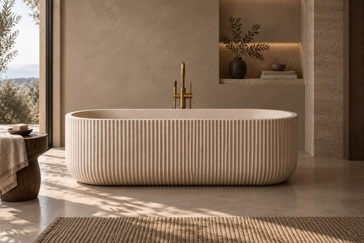 freestanding travertine bathtub in honed natural stone with sculptural oval silhouette. Freestanding travertine bathtub in warm beige natural stone. Custom travertine bathtub handcrafted from natural stone. Luxury natural stone bathtub with minimalist oval form. Handcrafted travertine bathtub for luxury bathroom design. Bespoke freestanding travertine bathtub for interior design projects. Natural stone freestanding bathtub in premium travertine finish. Custom luxury travertine bathtub for high end interior