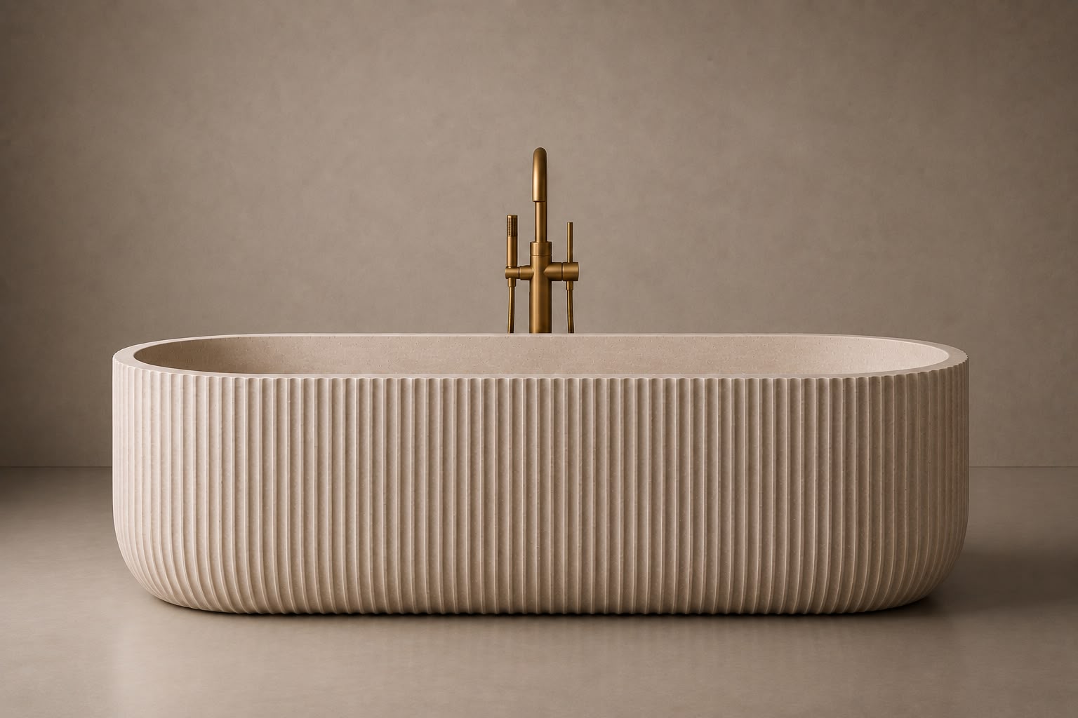 freestanding travertine bathtub in honed natural stone with sculptural oval silhouette. Freestanding travertine bathtub in warm beige natural stone. Custom travertine bathtub handcrafted from natural stone. Luxury natural stone bathtub with minimalist oval form. Handcrafted travertine bathtub for luxury bathroom design. Bespoke freestanding travertine bathtub for interior design projects. Natural stone freestanding bathtub in premium travertine finish. Custom luxury travertine bathtub for high end interior