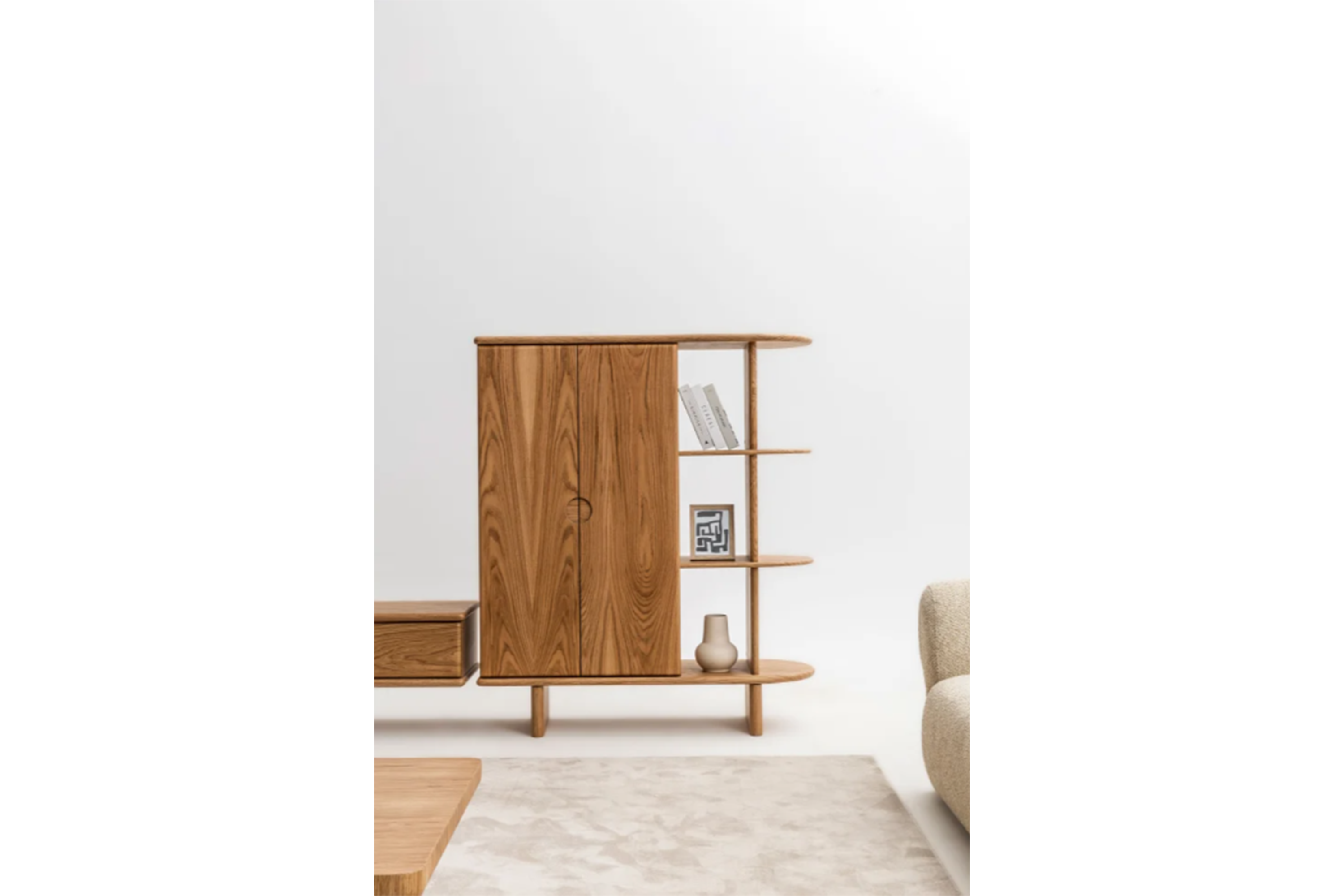 Oak Veneer Wood Vitrine Cabinet