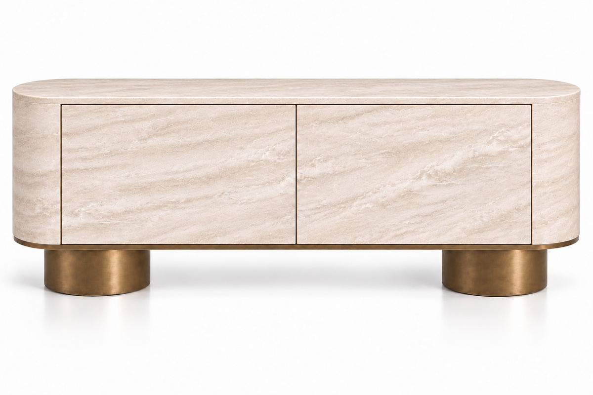 travertine sideboard. beige travertine sideboard. natural stone sideboard. modern travertine sideboard. travertine buffet cabinet. travertine dining room sideboard. travertine living room cabinet. rounded travertine sideboard. travertine sideboard with cylindrical legs. sculptural travertine sideboard. custom travertine sideboard. custom stone cabinet. travertine sideboard for sale. Onda beige travertine sideboard with rounded ends and cylindrical travertine legs. 