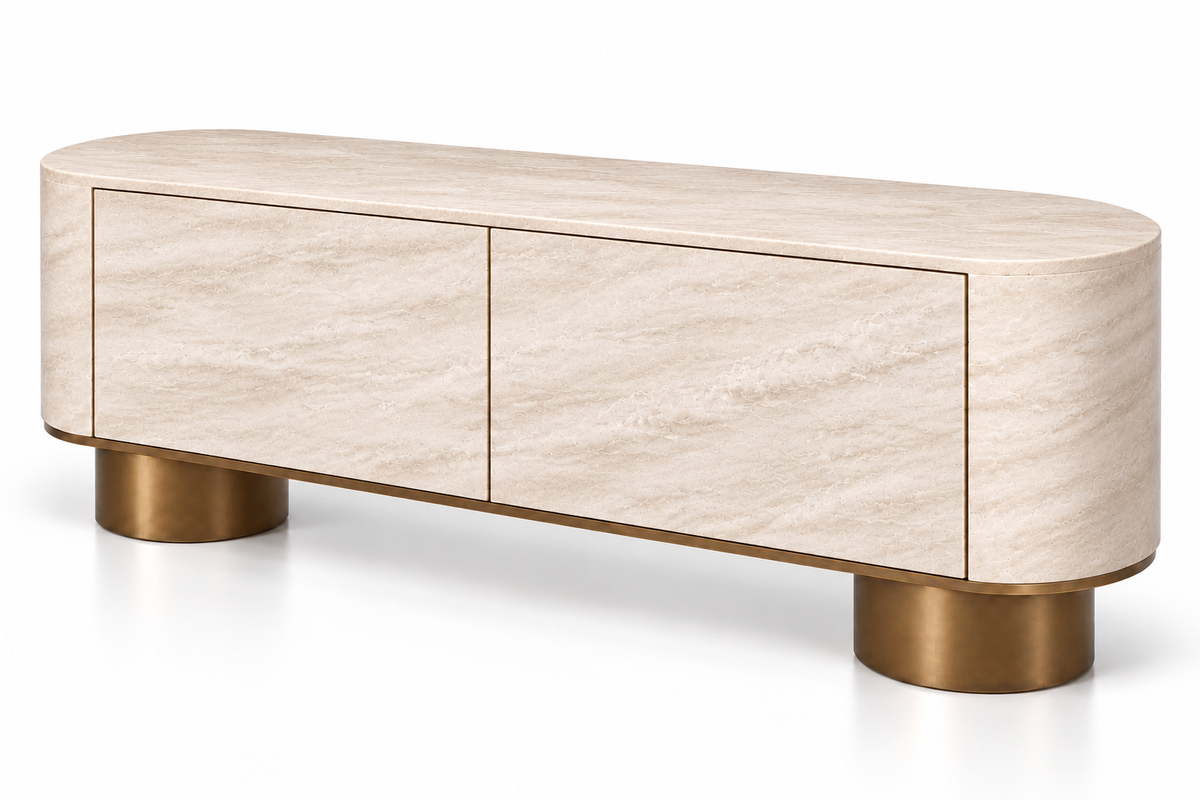 travertine sideboard. beige travertine sideboard. natural stone sideboard. modern travertine sideboard. travertine buffet cabinet. travertine dining room sideboard. travertine living room cabinet. rounded travertine sideboard. travertine sideboard with cylindrical legs. sculptural travertine sideboard. custom travertine sideboard. custom stone cabinet. travertine sideboard for sale. Onda beige travertine sideboard with rounded ends and cylindrical travertine legs. 