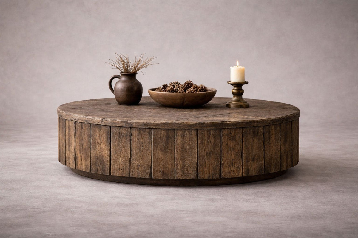 reclaimed wood round coffee table. round reclaimed wood coffee table. handmade reclaimed wood round coffee table. custom reclaimed wood round coffee table. solid wood round coffee table. rustic reclaimed wood round coffee table. low profile round coffee table in reclaimed wood. round coffee table made from reclaimed wood. modern organic reclaimed wood round coffee table. farmhouse reclaimed wood round coffee table