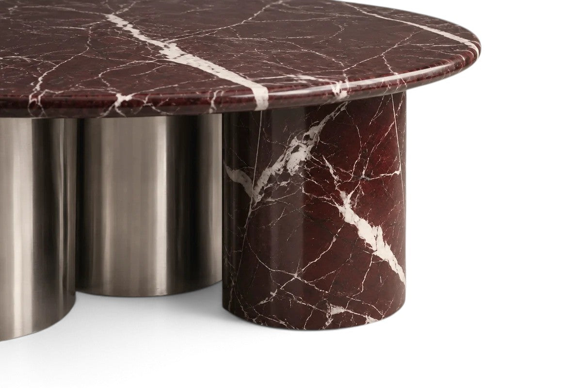 rosso levanto marble coffee table. round marble coffee table. luxury marble coffee table. designer coffee table. mixed material coffee table. sculptural coffee table. custom marble coffee table. Rosso Levanto marble round coffee table with sculptural mixed-material cylindrical legs. Luxury round coffee table in Rosso Levanto marble with sculptural base. Rosso Levanto marble coffee table for luxury interior design projects. Designer Round Marble Coffee Table in Rosso Levanto. 