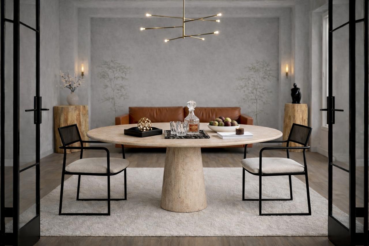 Solitary Cone Travertine Oval Dining Table