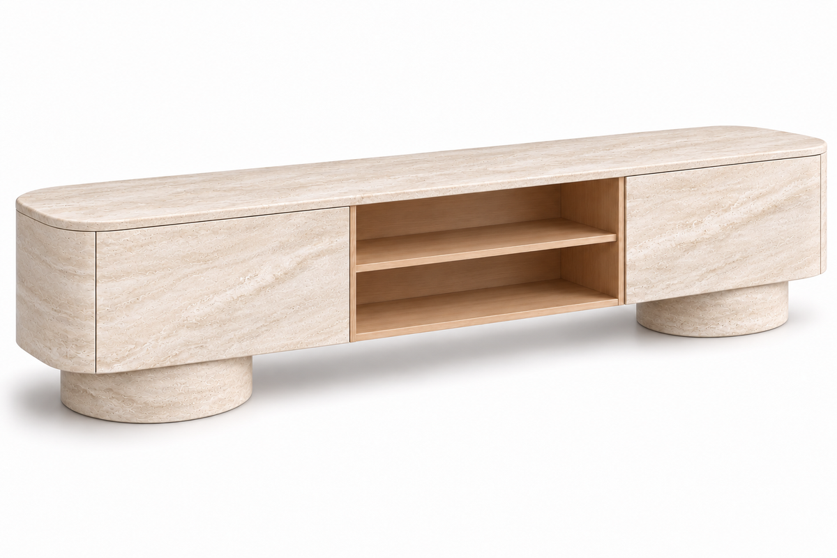 travertine media console. travertine TV stand. travertine TV console. travertine media cabinet. travertine entertainment console. natural stone media console. beige travertine media console. travertine console with drawers. low profile travertine TV stand. modern travertine media console. rounded travertine media console. travertine living room furniture. custom travertine media console. custom stone TV console. travertine media console for sale