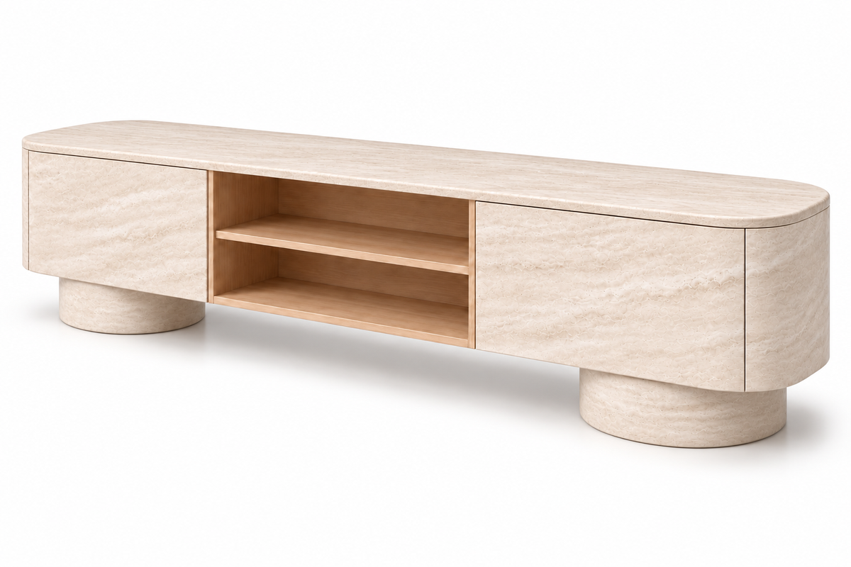 travertine media console. travertine TV stand. travertine TV console. travertine media cabinet. travertine entertainment console. natural stone media console. beige travertine media console. travertine console with drawers. low profile travertine TV stand. modern travertine media console. rounded travertine media console. travertine living room furniture. custom travertine media console. custom stone TV console. travertine media console for sale