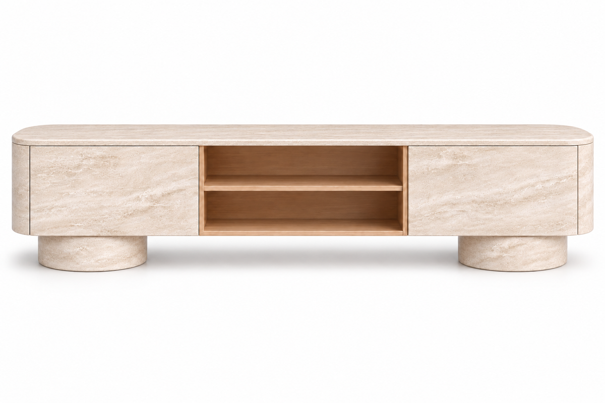 travertine media console. travertine TV stand. travertine TV console. travertine media cabinet. travertine entertainment console. natural stone media console. beige travertine media console. travertine console with drawers. low profile travertine TV stand. modern travertine media console. rounded travertine media console. travertine living room furniture. custom travertine media console. custom stone TV console. travertine media console for sale