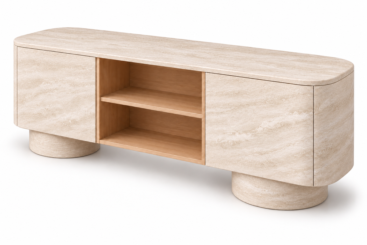 travertine sideboard. beige travertine sideboard. natural stone sideboard. modern travertine sideboard. travertine buffet cabinet. travertine dining room sideboard. travertine living room cabinet. rounded travertine sideboard. travertine sideboard with cylindrical legs. sculptural travertine sideboard. custom travertine sideboard. custom stone cabinet. travertine sideboard for sale. Onda beige travertine sideboard with rounded ends and cylindrical travertine legs. 