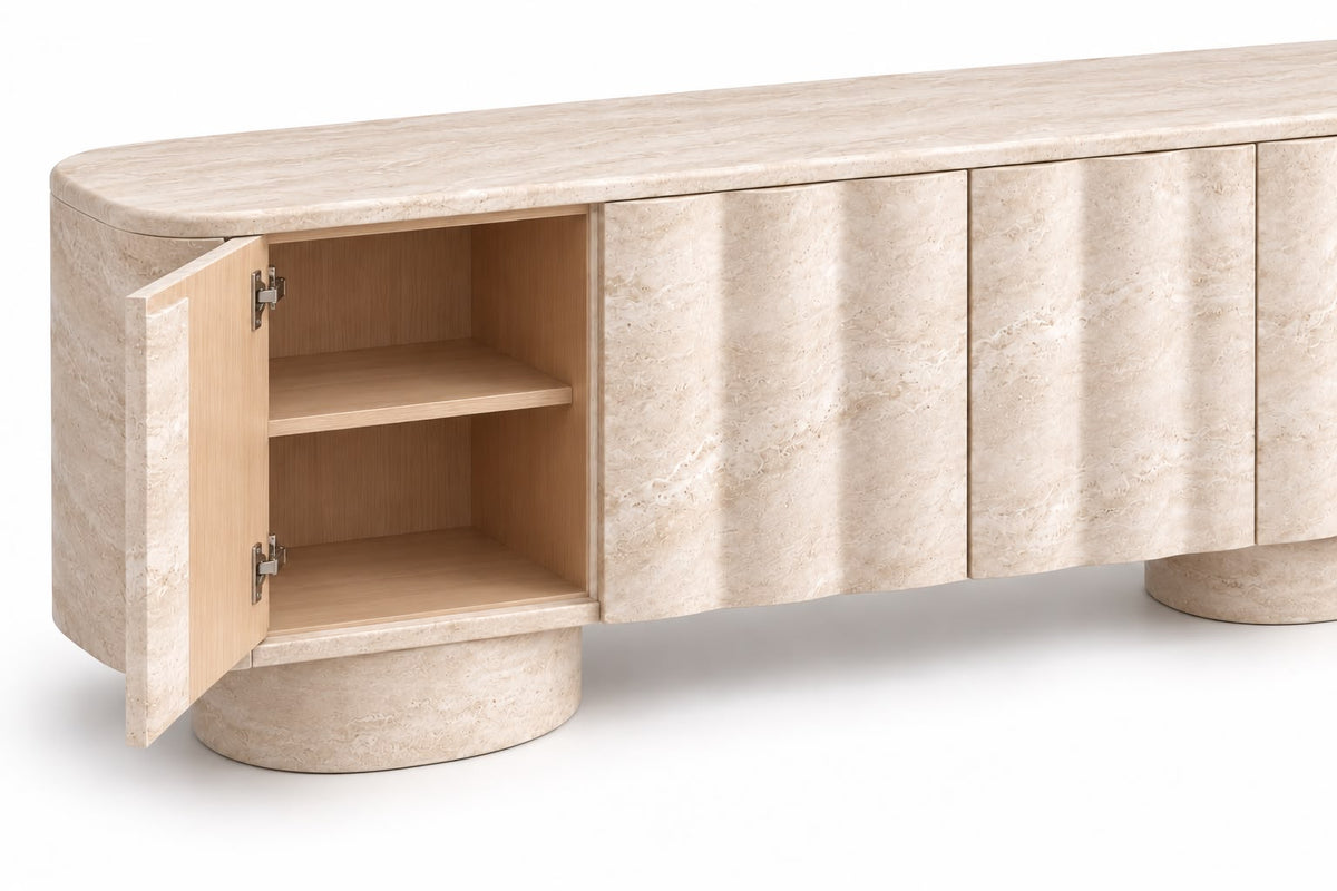 travertine sideboard. beige travertine sideboard. natural stone sideboard. modern travertine sideboard. travertine buffet cabinet. travertine dining room sideboard. travertine living room cabinet. rounded travertine sideboard. travertine sideboard with cylindrical legs. sculptural travertine sideboard. custom travertine sideboard. custom stone cabinet. travertine sideboard for sale. Onda beige travertine sideboard with rounded ends and cylindrical travertine legs. 