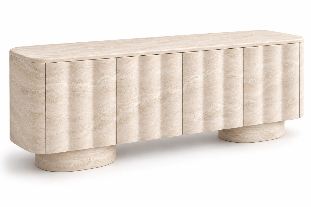 travertine sideboard. beige travertine sideboard. natural stone sideboard. modern travertine sideboard. travertine buffet cabinet. travertine dining room sideboard. travertine living room cabinet. rounded travertine sideboard. travertine sideboard with cylindrical legs. sculptural travertine sideboard. custom travertine sideboard. custom stone cabinet. travertine sideboard for sale. Onda beige travertine sideboard with rounded ends and cylindrical travertine legs. 