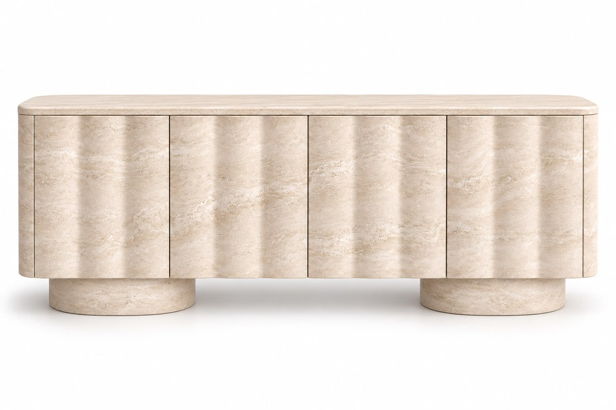 travertine sideboard. beige travertine sideboard. natural stone sideboard. modern travertine sideboard. travertine buffet cabinet. travertine dining room sideboard. travertine living room cabinet. rounded travertine sideboard. travertine sideboard with cylindrical legs. sculptural travertine sideboard. custom travertine sideboard. custom stone cabinet. travertine sideboard for sale. Onda beige travertine sideboard with rounded ends and cylindrical travertine legs. 
