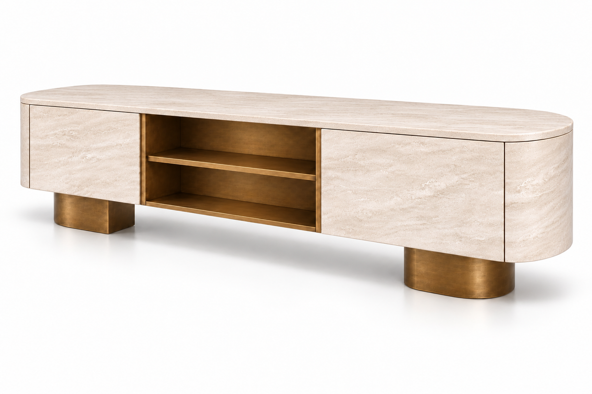 travertine media console. travertine TV stand. travertine TV console. travertine media cabinet. travertine entertainment console. natural stone media console. beige travertine media console. travertine console with drawers. low profile travertine TV stand. modern travertine media console. rounded travertine media console. travertine living room furniture. custom travertine media console. custom stone TV console. travertine media console for sale