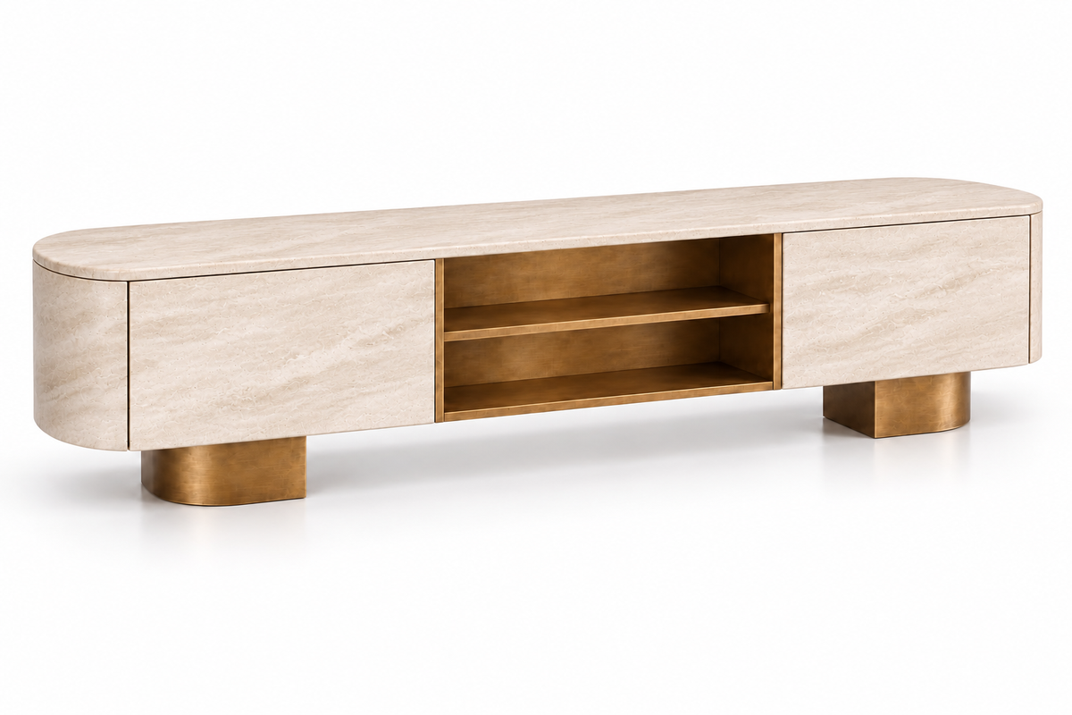 travertine media console. travertine TV stand. travertine TV console. travertine media cabinet. travertine entertainment console. natural stone media console. beige travertine media console. travertine console with drawers. low profile travertine TV stand. modern travertine media console. rounded travertine media console. travertine living room furniture. custom travertine media console. custom stone TV console. travertine media console for sale