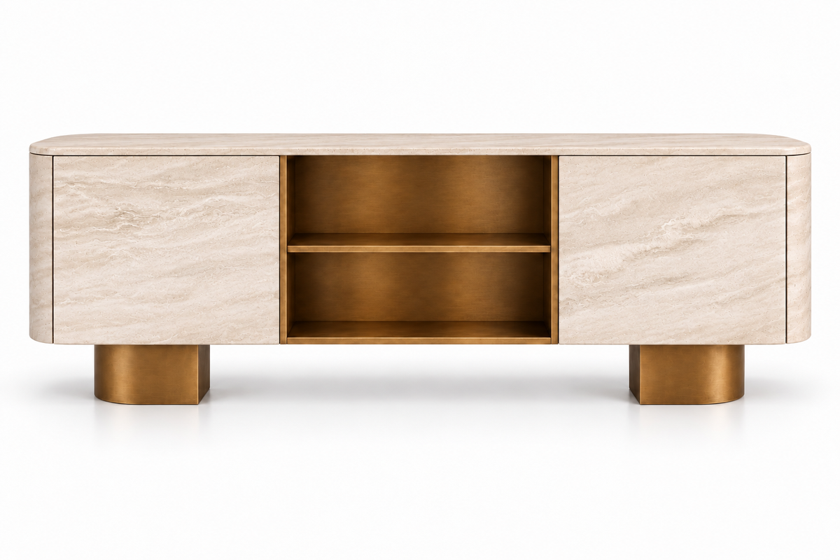 travertine sideboard. beige travertine sideboard. natural stone sideboard. modern travertine sideboard. travertine buffet cabinet. travertine dining room sideboard. travertine living room cabinet. rounded travertine sideboard. travertine sideboard with cylindrical legs. sculptural travertine sideboard. custom travertine sideboard. custom stone cabinet. travertine sideboard for sale. Onda beige travertine sideboard with rounded ends and cylindrical travertine legs. 