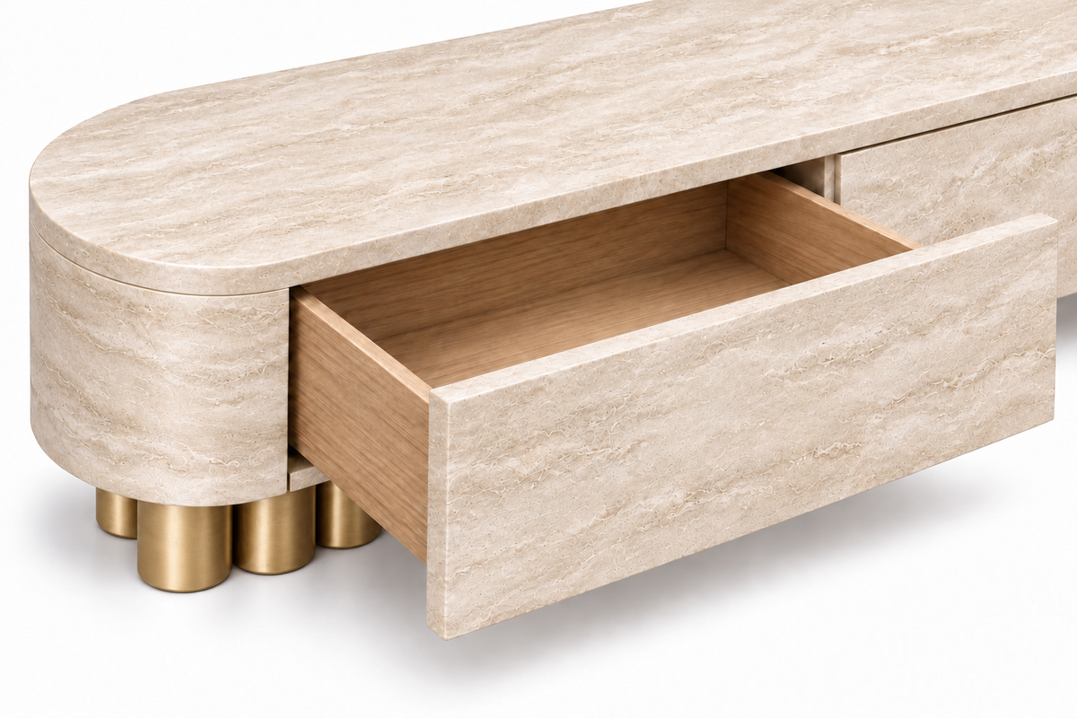 travertine media console. travertine TV stand. travertine TV console. travertine media cabinet. travertine entertainment console. natural stone media console. beige travertine media console. travertine console with drawers. low profile travertine TV stand. modern travertine media console. rounded travertine media console. travertine living room furniture. custom travertine media console. custom stone TV console. travertine media console for sale