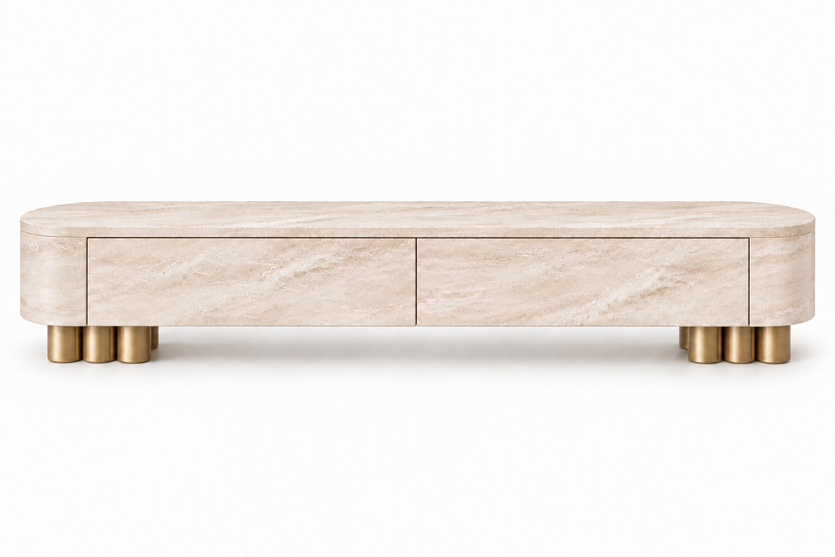 travertine media console. travertine TV stand. travertine TV console. travertine media cabinet. travertine entertainment console. natural stone media console. beige travertine media console. travertine console with drawers. low profile travertine TV stand. modern travertine media console. rounded travertine media console. travertine living room furniture. custom travertine media console. custom stone TV console. travertine media console for sale