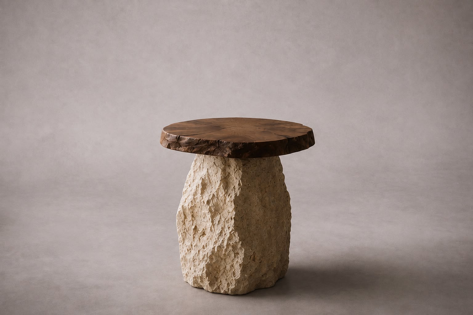 Ruvi Solid Walnut Split-Face Travertine Side Table